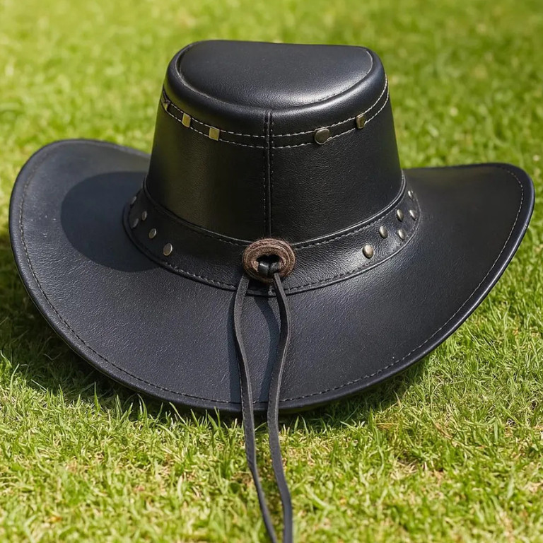 Handmade Black Leather Western Hat With Skull Studded Steampunk Cosplay Festival