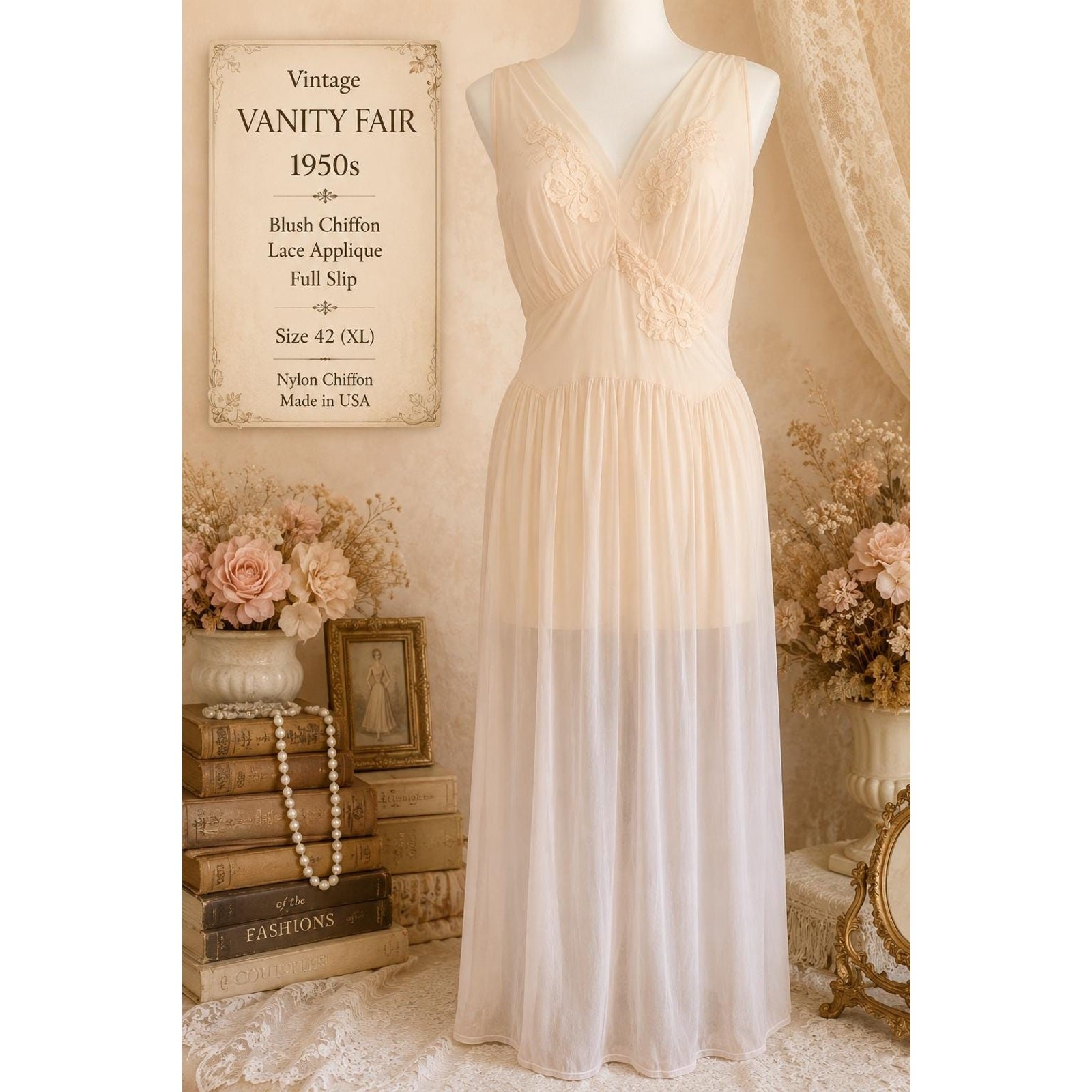 Vintage Vanity Fair 1950s Blush Chiffon Lace Applique Full Slip Size 42 (XL)