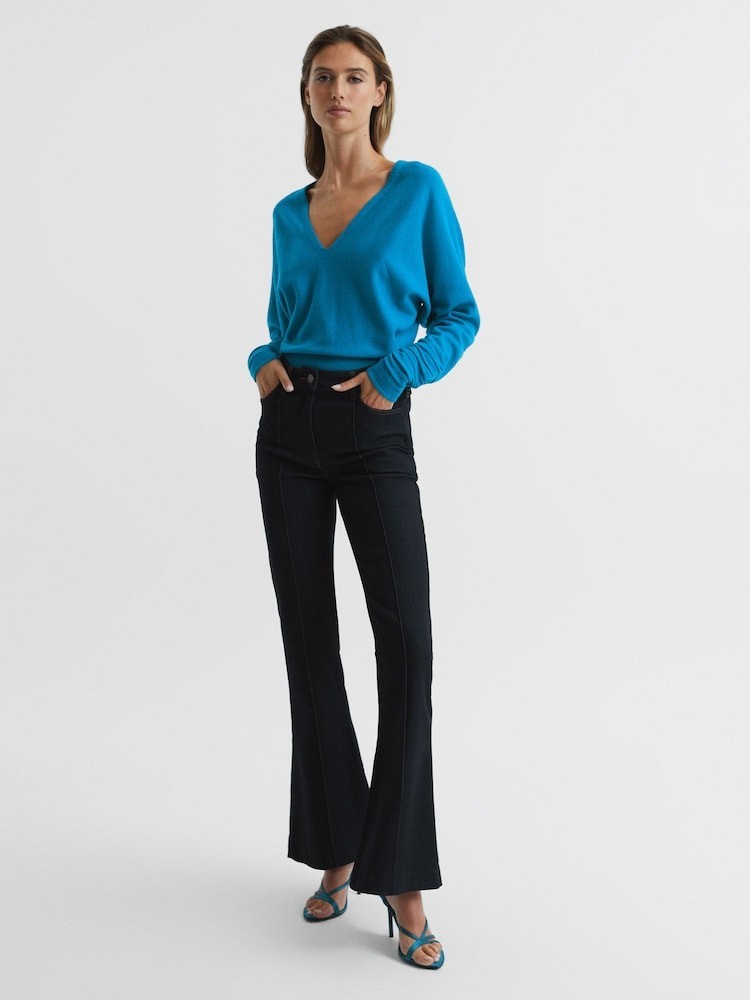 $146 Reiss Jolie Top M Deep V-Neck Jumper Cashmere Wool Ruched Sleeve U74-829