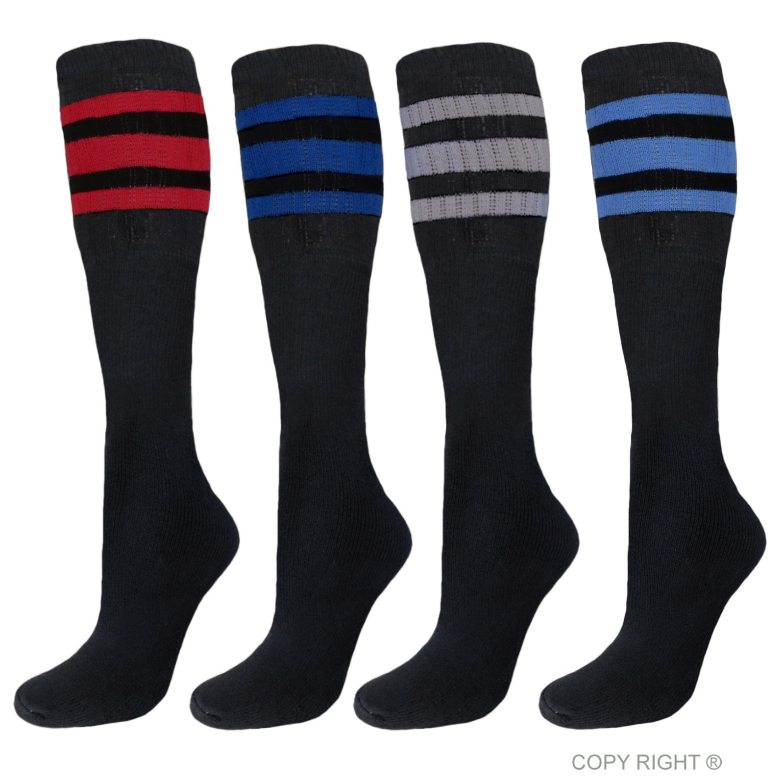 4PK TUBE SOCKS COTTON 22 INCHES OLD SCHOOL SOCKS BLACK ASSORTED STRIPED COLORS
