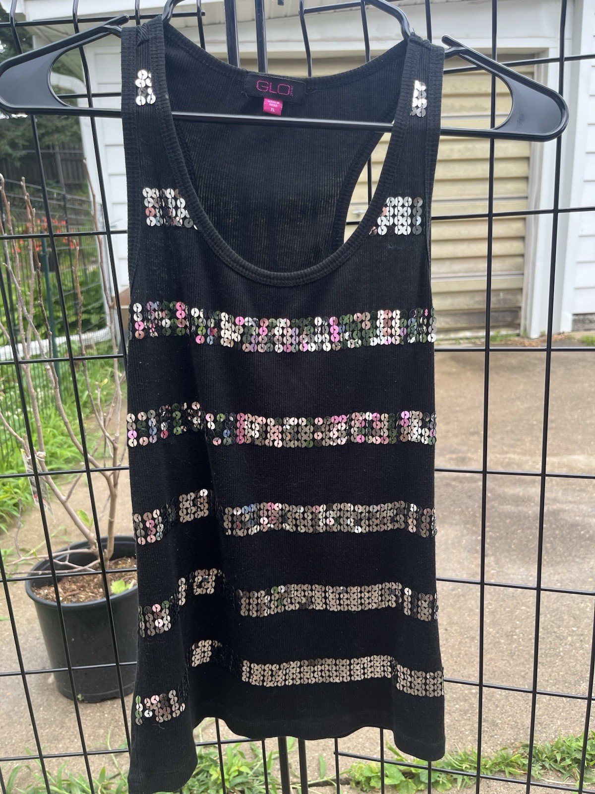 Y2K Black Sequin Stripe Tank Top XL Ribbed Glitter Party Club Going Out