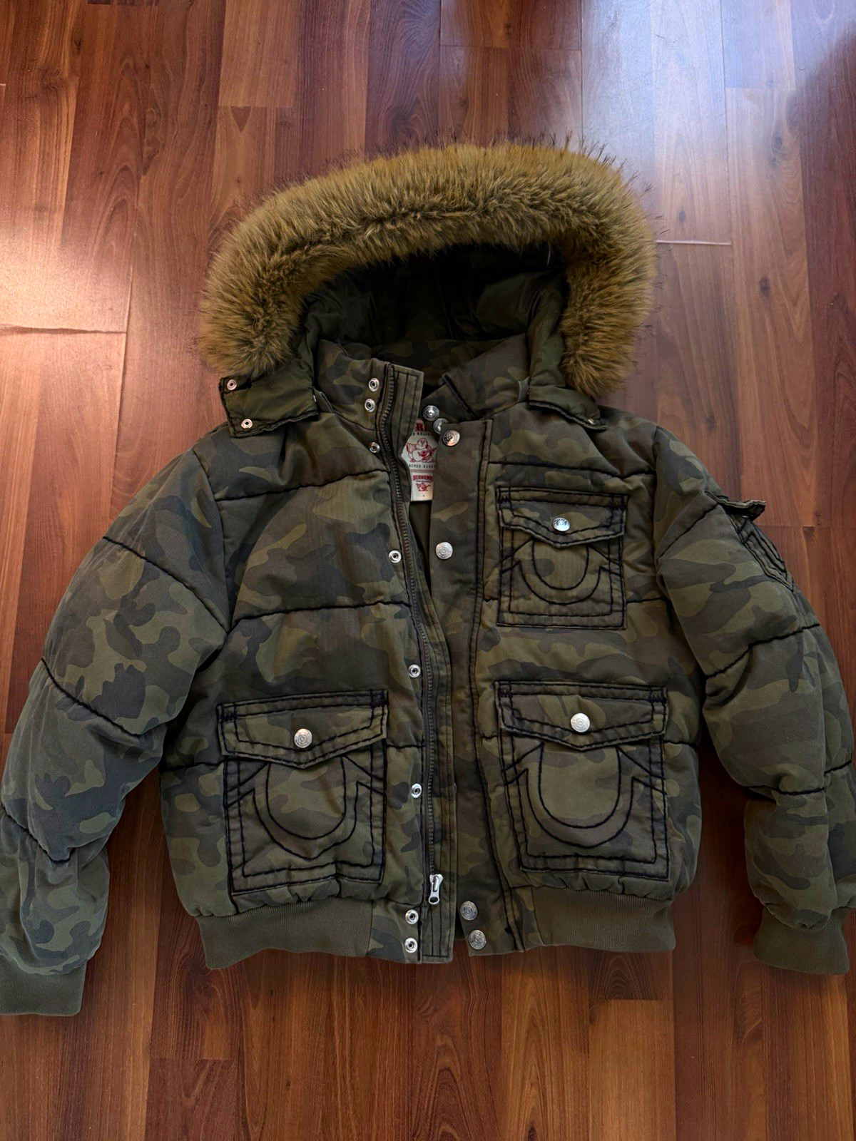 Supreme x True Religion Camo Hooded Puffer Jacket Fur Trim, Green Size L