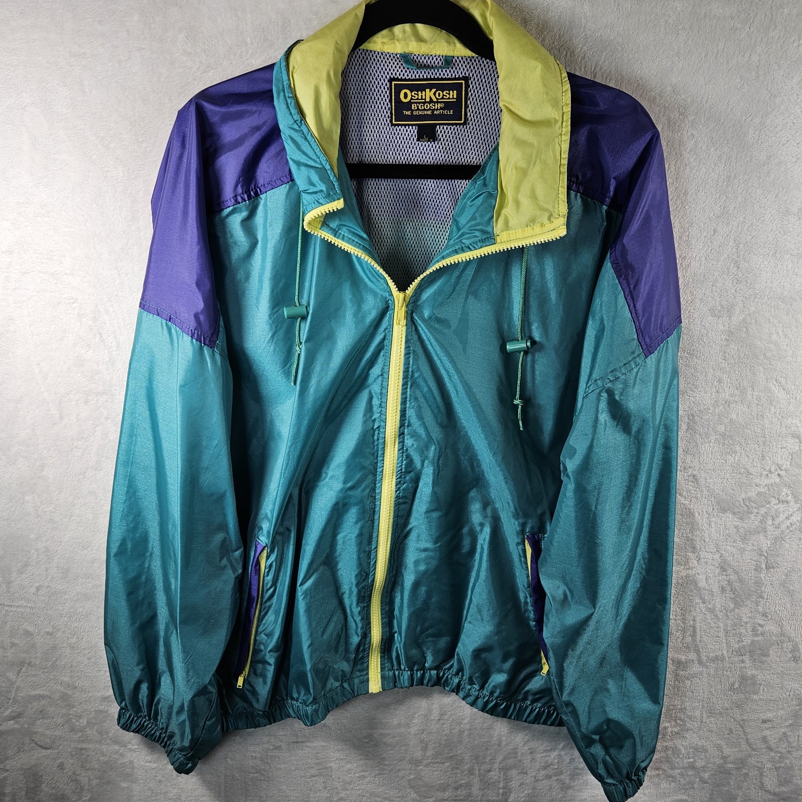 VTG 90s OshKosh B’Gosh Windbreaker Sz Large Colorblock Track Jacket Vented Hood