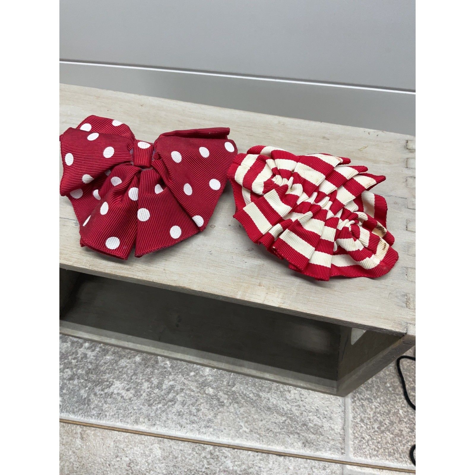 Debra Moises Red White Polka Dot Striped Grosgrain Ribbon Hair Barrette Set 2pc