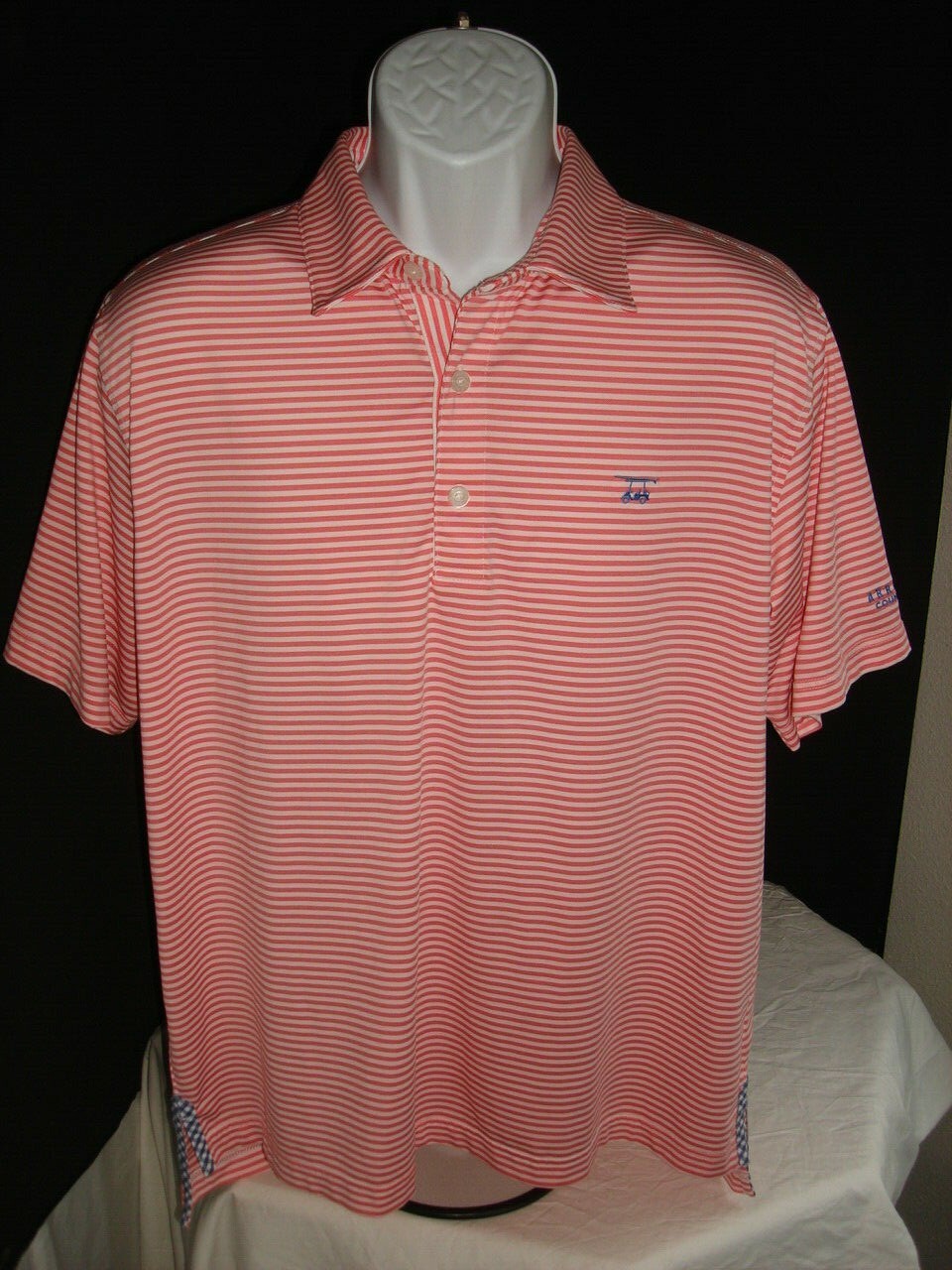 Bald Head Pink Striped Poly/Spandex Blend S/S Polo Shirt Sz M “ArrowHead Ranch”