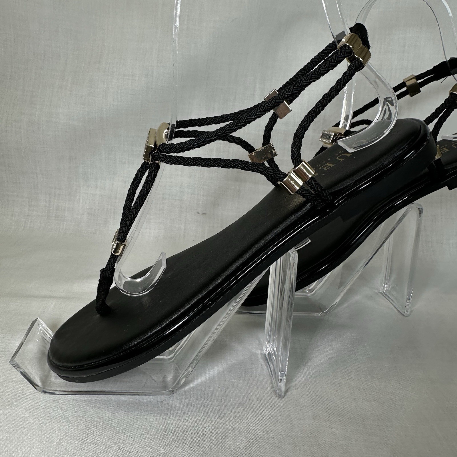 Guess GF Coins Black Rhinestone Logo Thong Sandals 7 Braided Strappy Slingback