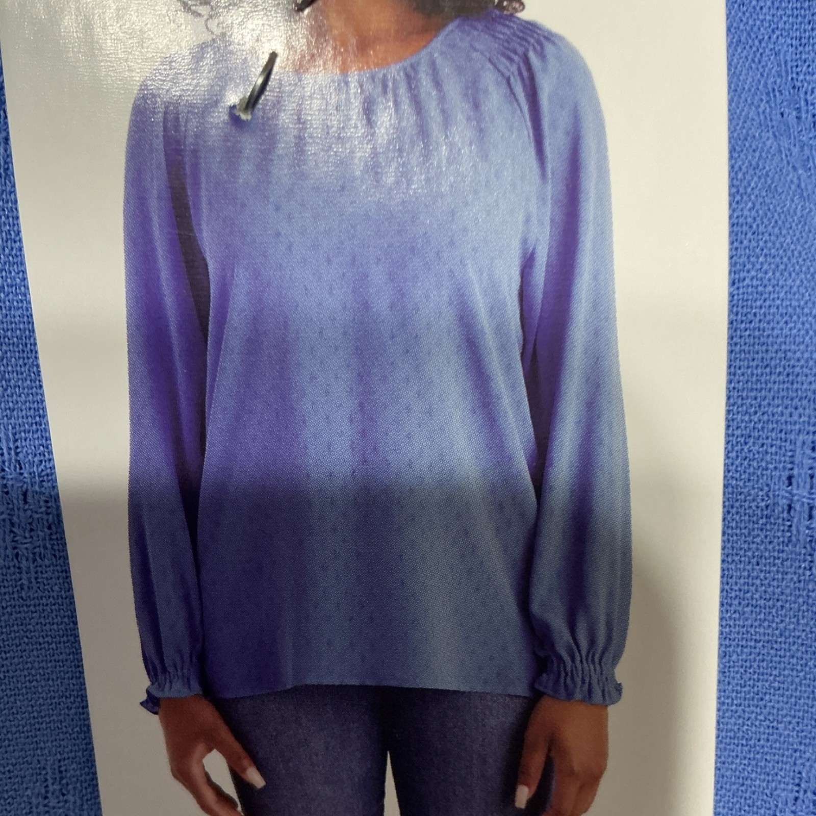 Jessica Simpson Blue Solid Woven Textured Ruffle Long Sleeve Blouse Women’s S