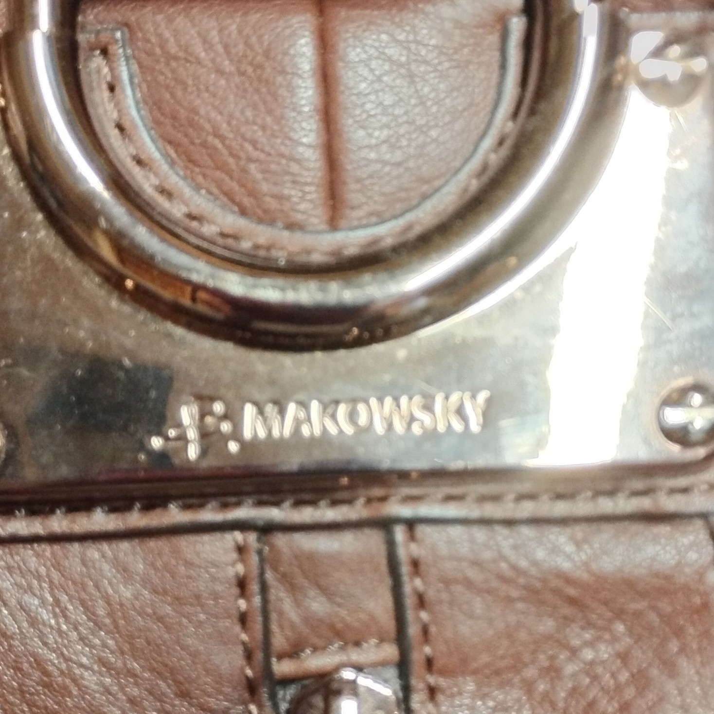 B. Makowsky Large Brown Pebbled Satchel, Leopard Lined, Zip, Detach Strap