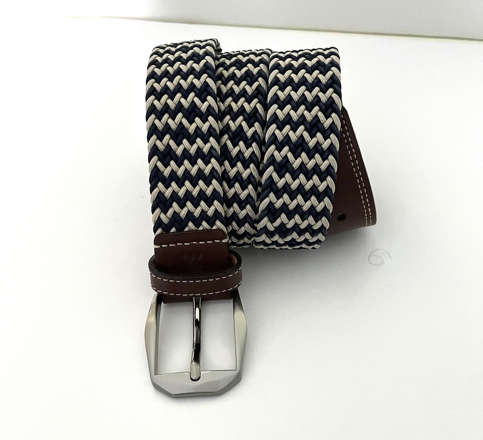 Martin Dingman Leather End Belt Beige Navy Tan Braided Woven Rope Size 34