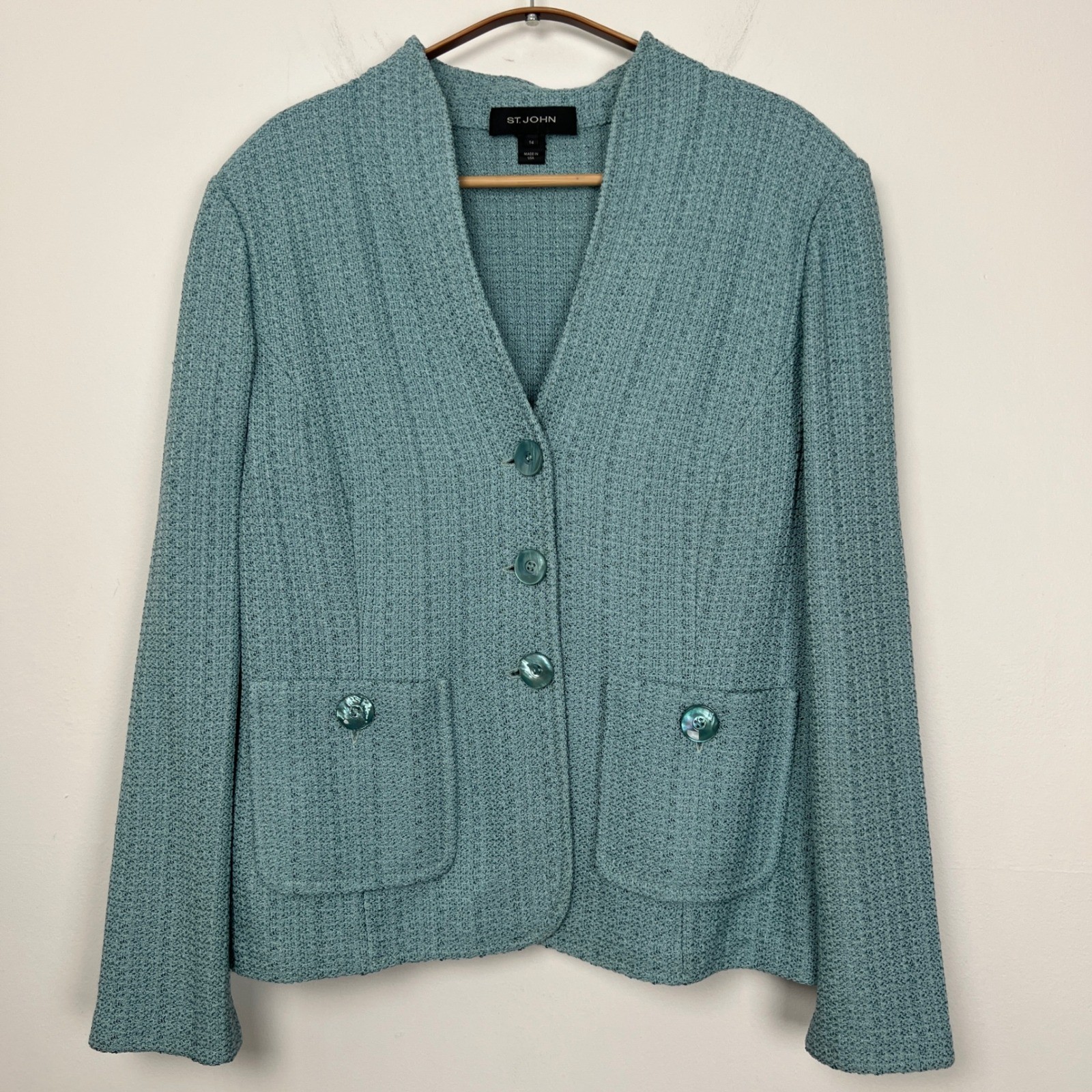 St. John Aqua Teal Blue Textured Knit Blazer Shell Jacket Size 14 USA V-Neck