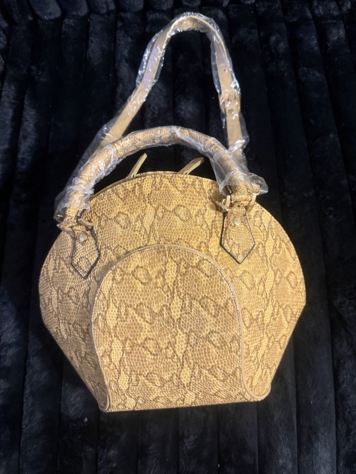 Beige Snake Animal Print Small Satchel Top Handle Zip, Detachable Strap