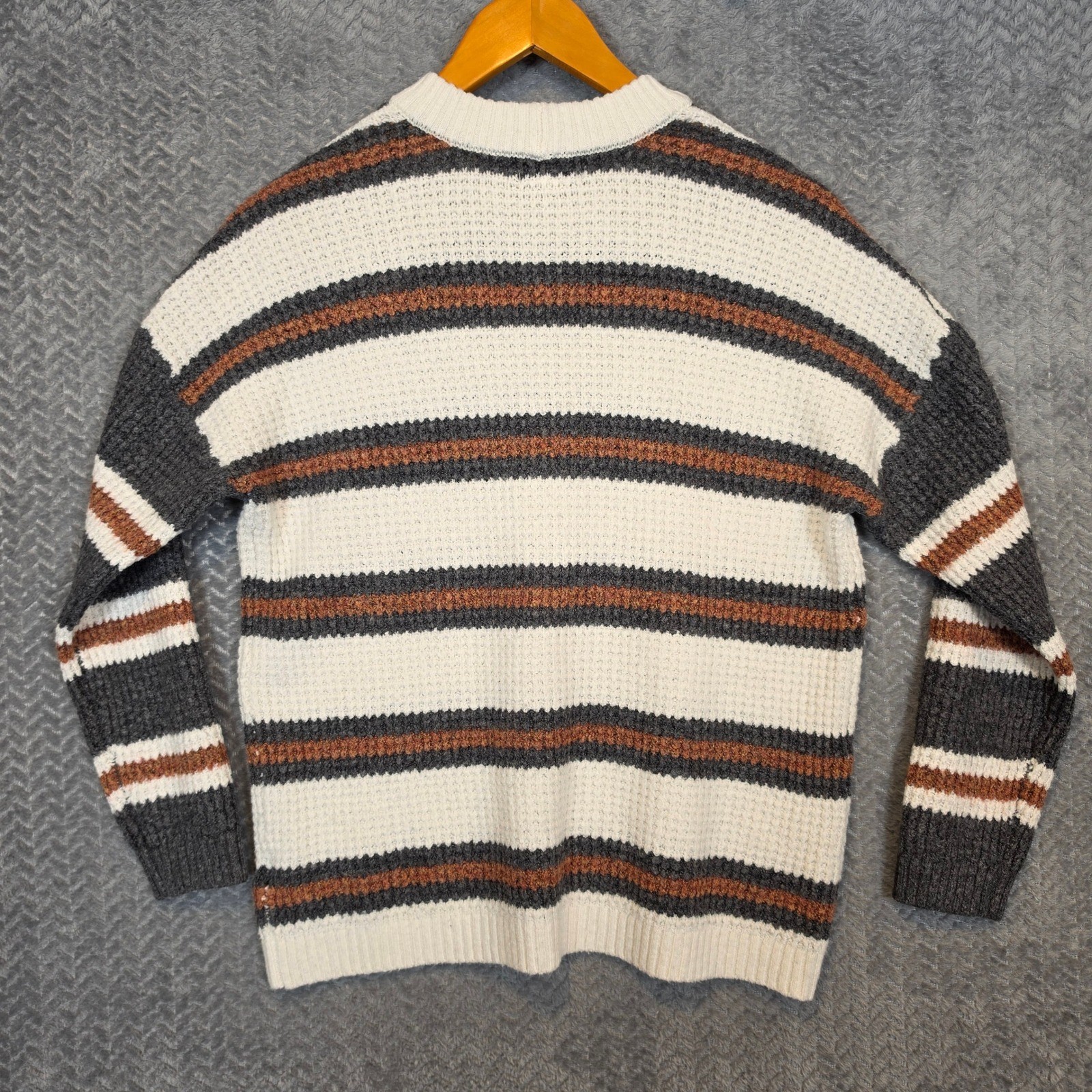 American Eagle Mens XS Striped Waffle Knit Crewneck Sweater Grey Orange Cream