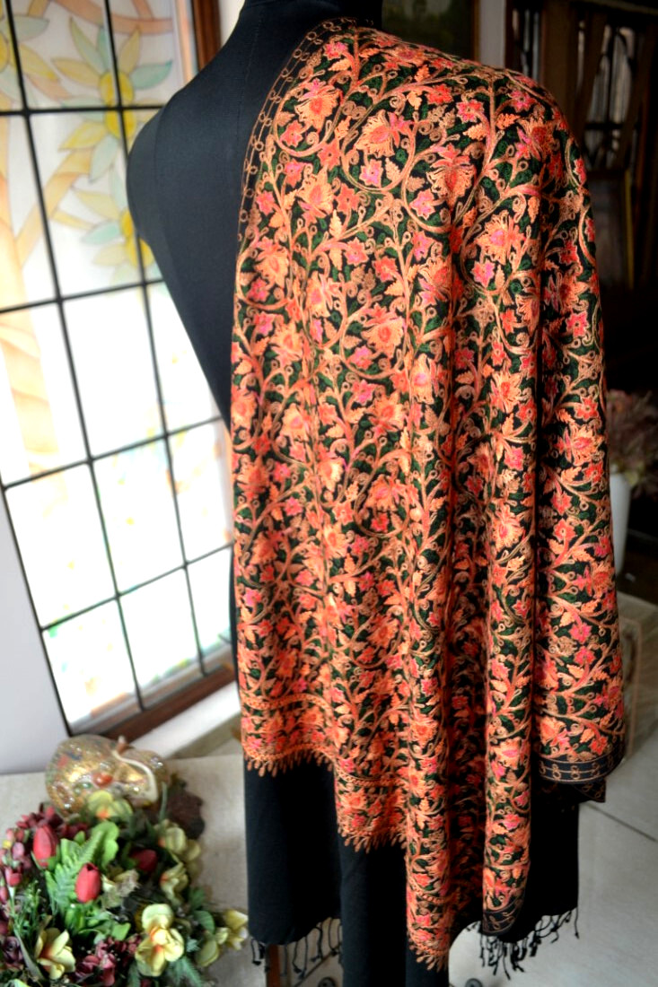 KASHMIRI BLACK CREWEL ALL EMBROIDERED FLORAL SILK PASHMINA STOLE