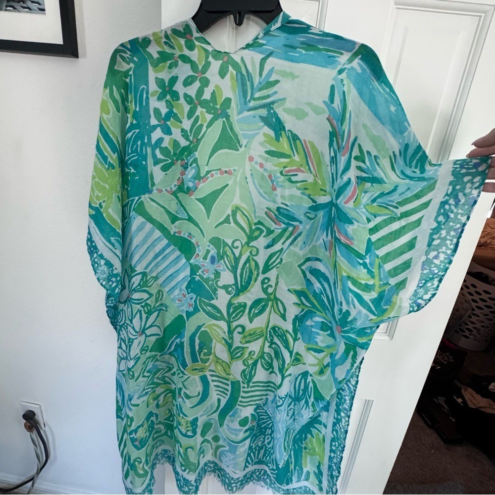 Green Tropical Sheer Kaftan Cover-Up One Size Boho Beach Resort Wear Never Worn
