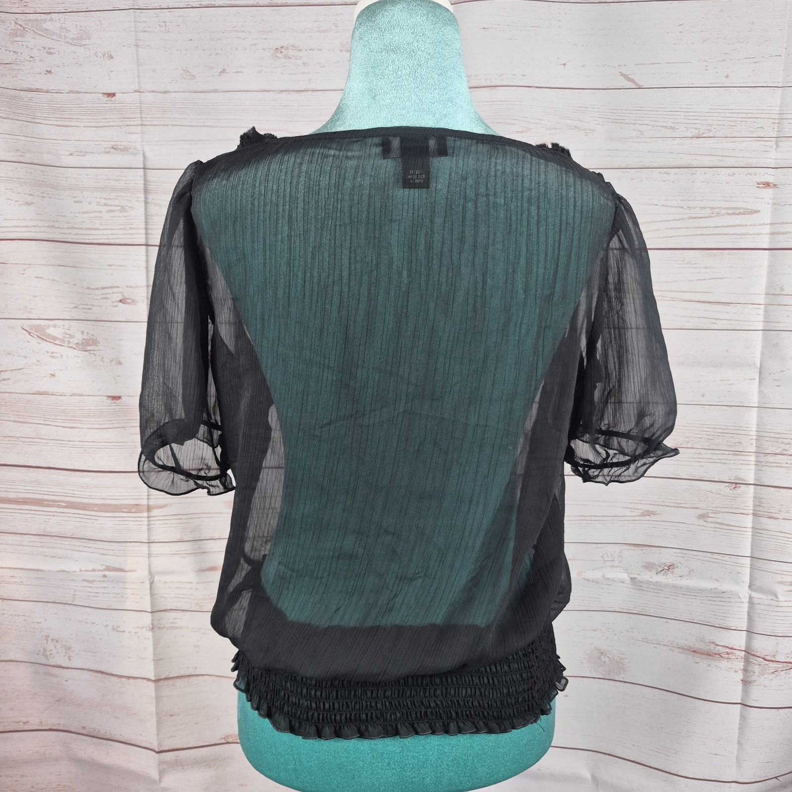 B Wear Womens Black Top Sheer Blouse Sz XL Whimsigoth Witchy Rosebud Neck Detail