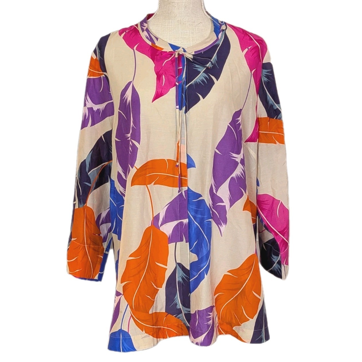 KOBI HALPERIN Darrien Feather and Leaf Print Cotton/Silk Blouse Tunic Top sz 2XL