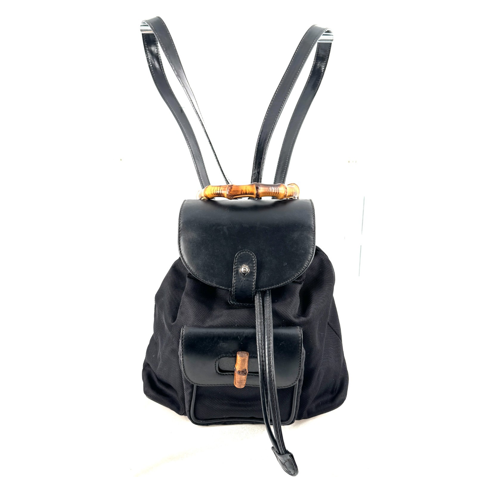 Vintage GUCCI Bamboo Backpack Nylon Leather Turn Lock Drawstring Authentic
