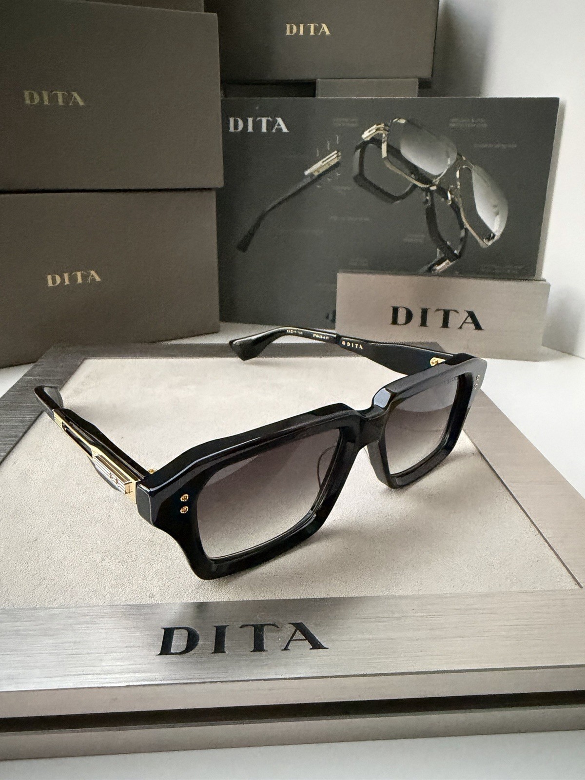 DITA DETRON DTS 459-A-01 Shiny Black Yellow Gold Grey Gradient Lens Sunglasses