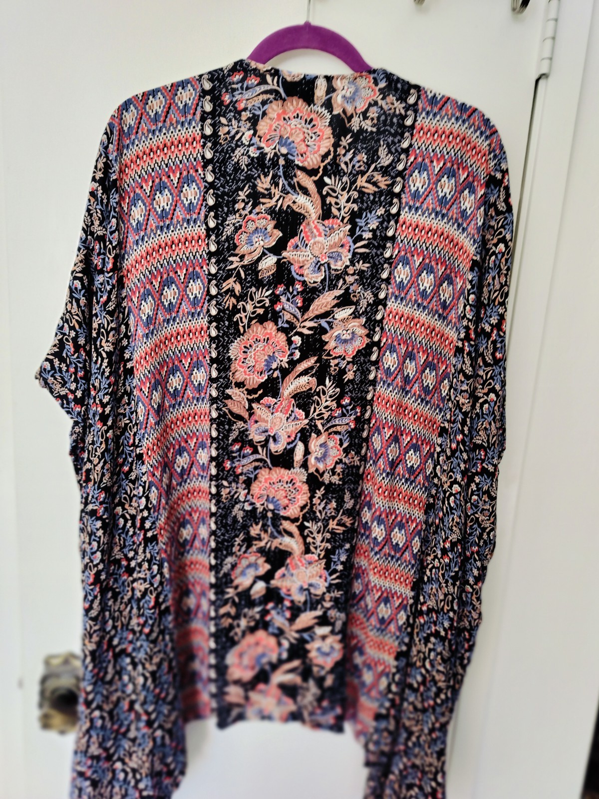 Angie Mixed Print Floral Paisley Kimono O/S Boho Open Front 100% Rayon