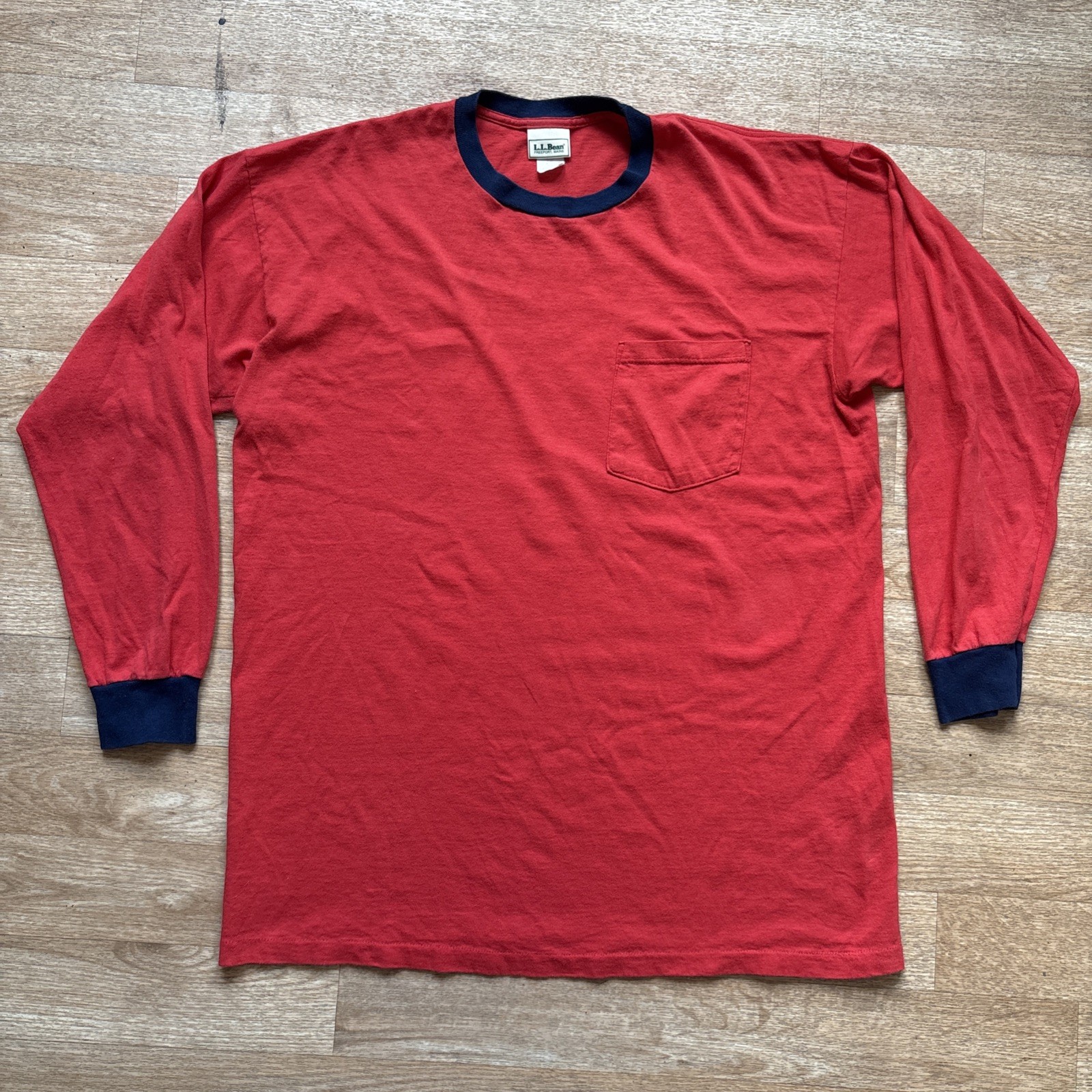 Vintage 90s LL Bean Made In USA Long Sleeve Red Navy Blue Ringer Pocket Shirt XL