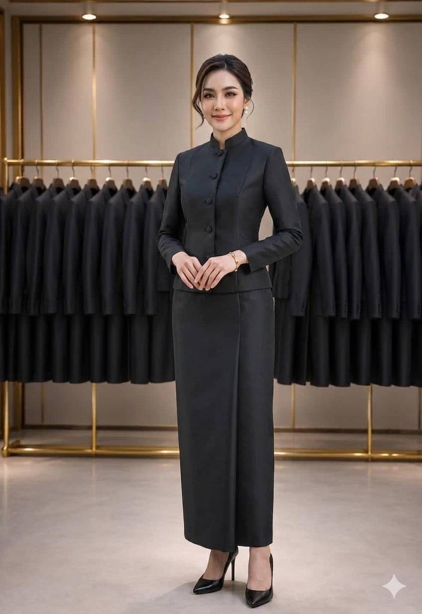 Women’s Thai Inspired Formal Dress Black Long Sleeve Slim Fit Maxi Skirt Suit Of