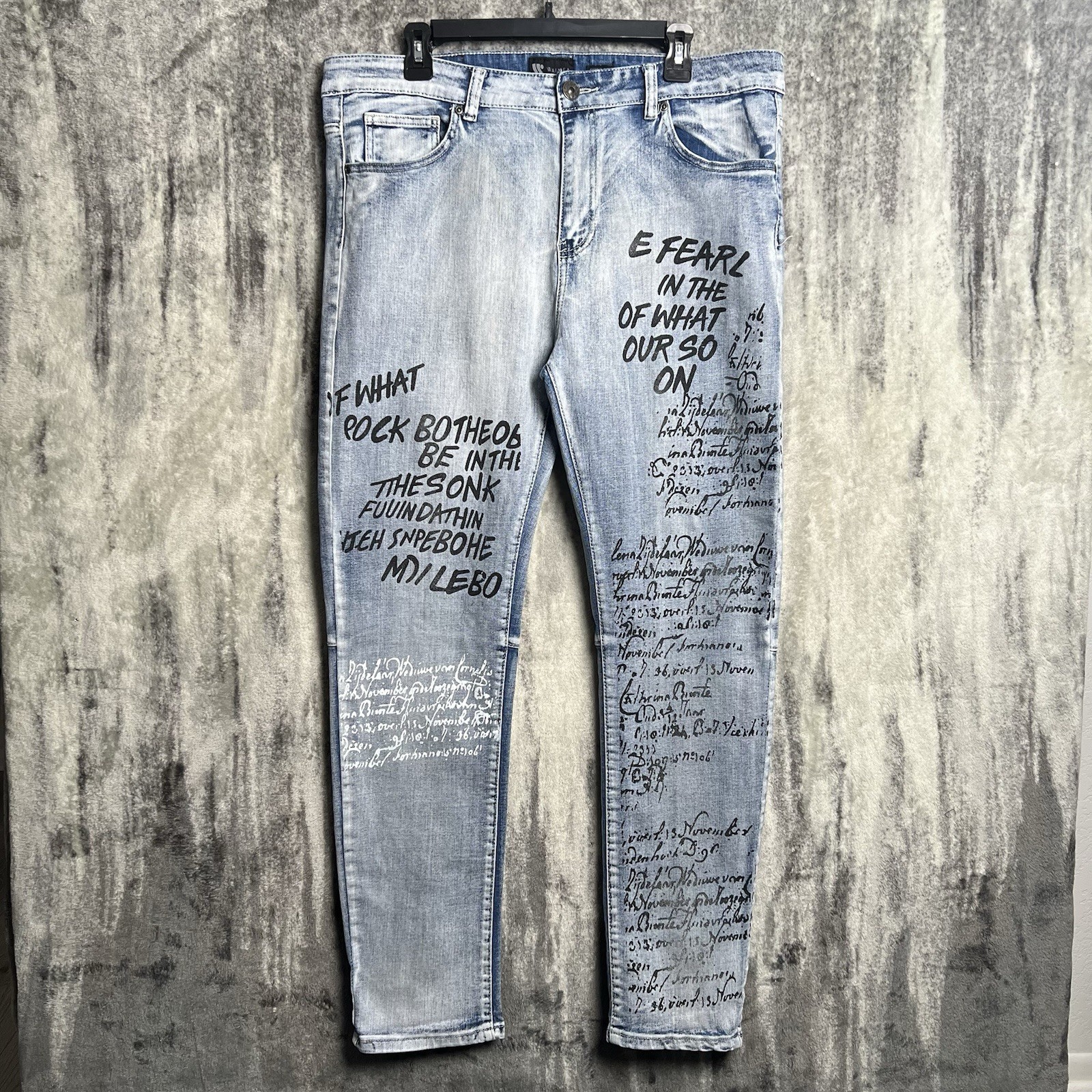 Waimea Moto Skinny Fit Jeans Men’s 36×32 Blue Acid Wash Y2K Writing Graffiti