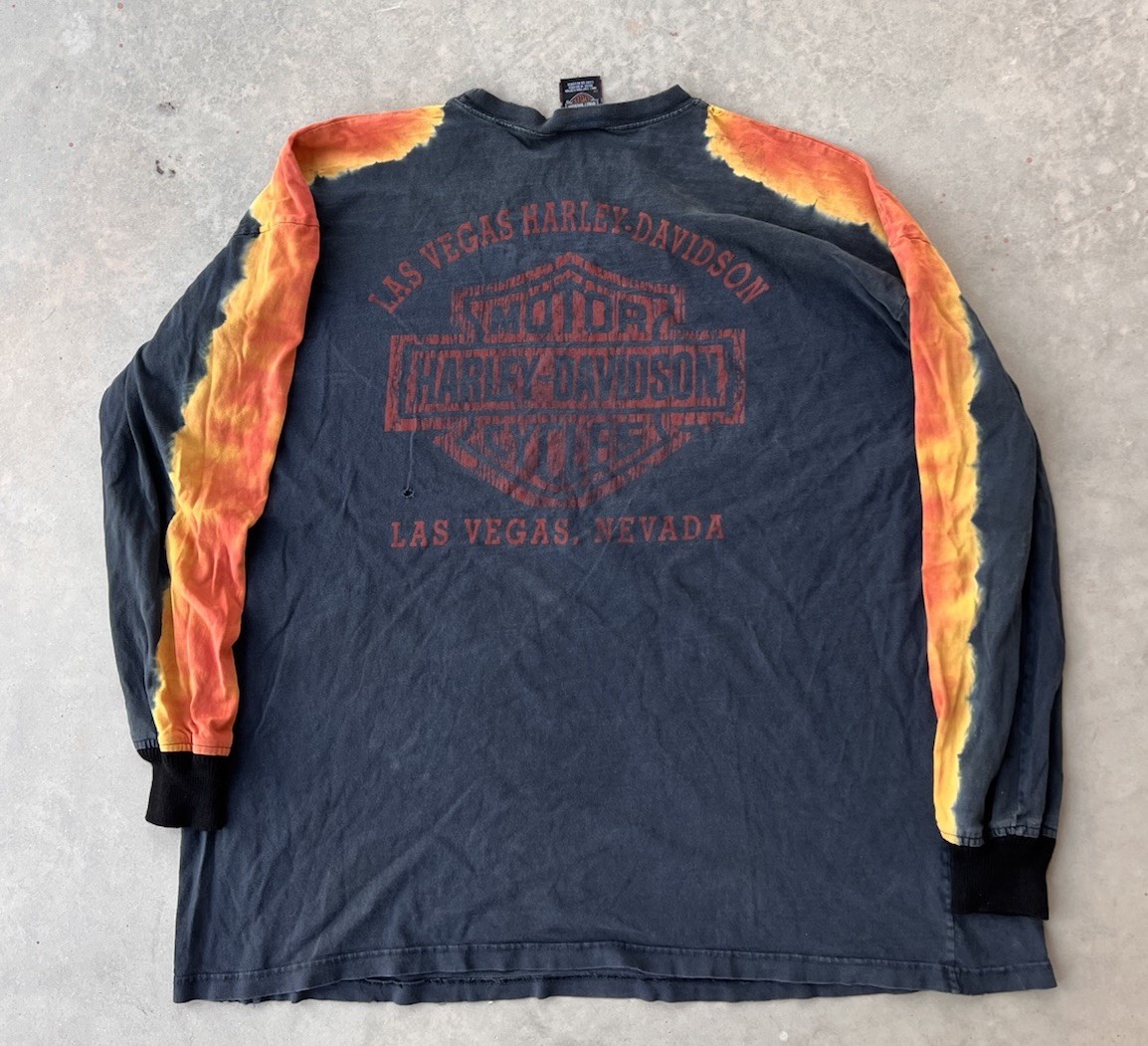 Vintage Harley Davidson Shirt 3XL Long Fire Flames Custom Cuffs DISTRESSED