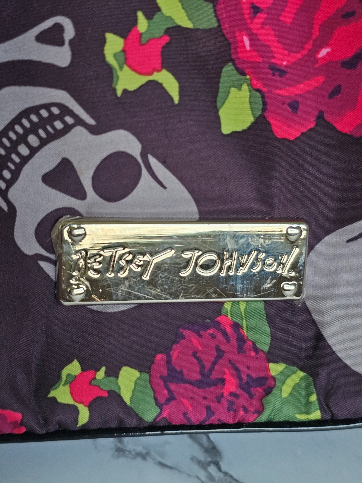 Betsey Johnson Skull Roses Print Large Tote Bag Chain Strap Purple Y2K Goth 2000