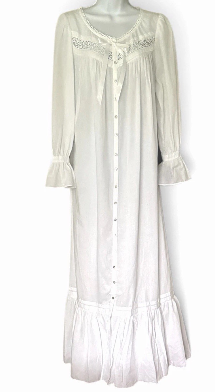New Eileen West 100% Cotton Nightgown P White Long Sleeve Prarie 53” USA NWT