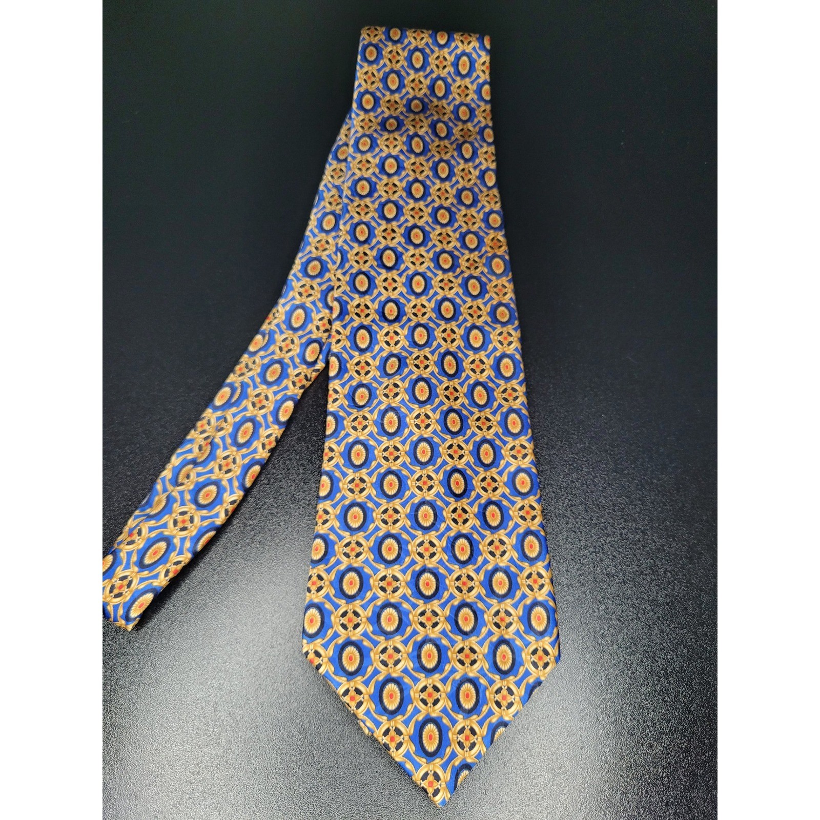 Lanvin Men’s Necktie Blue Gold Geometric Silk 3.75″ x 58″ Excellent