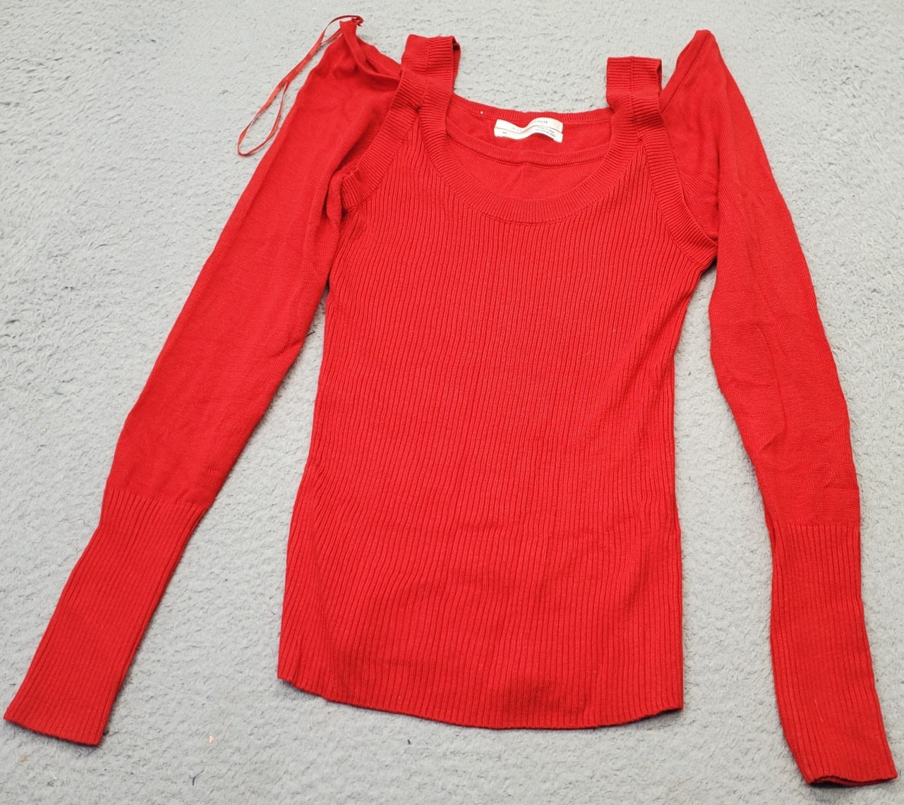 Anthropologie Sweater Womens XS Red Ribbed Knit Cold Shoulder Sleeve Pullover