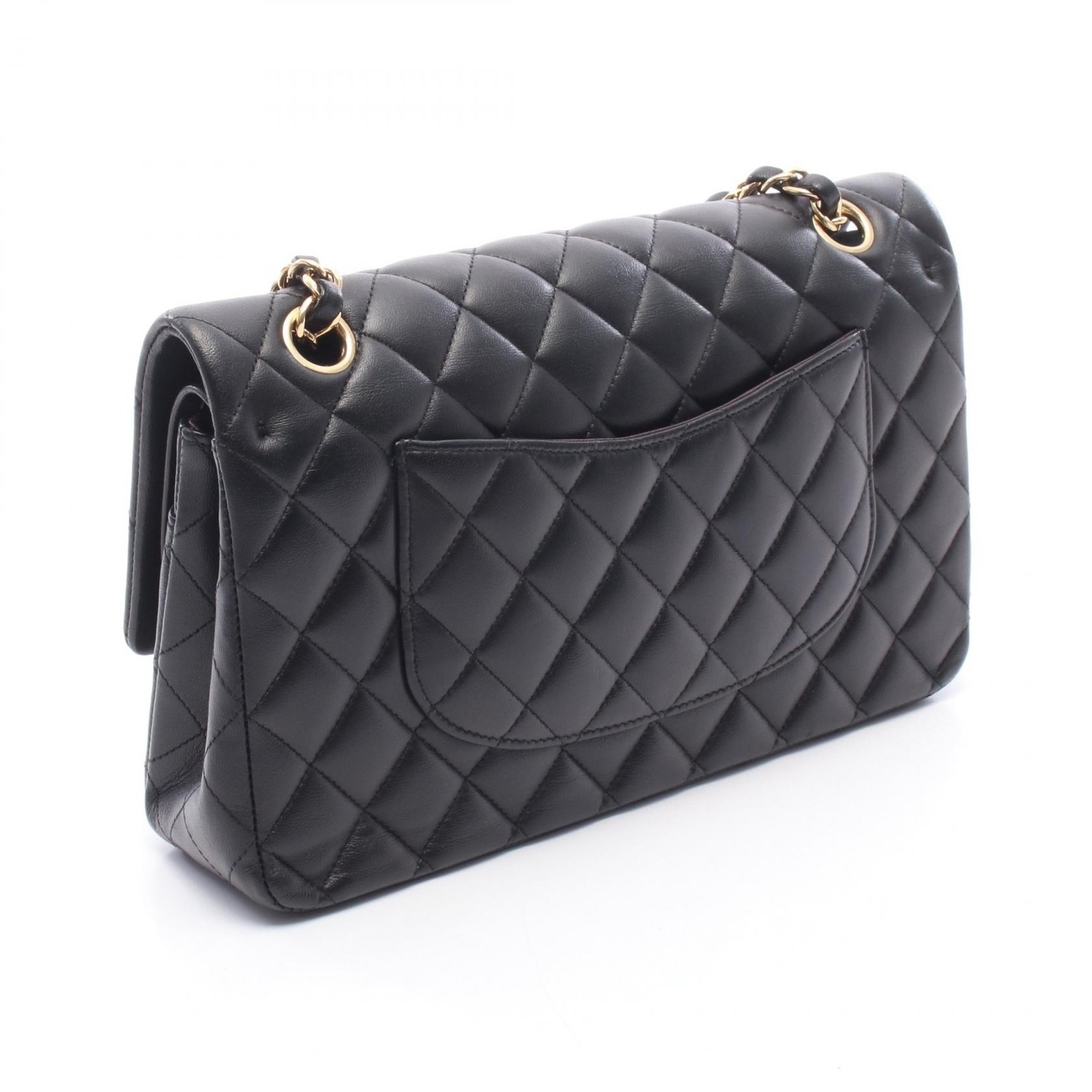 CHANEL Matelasse Double Flap Chain Shoulder Bag Lambskin Black GHW Used Women