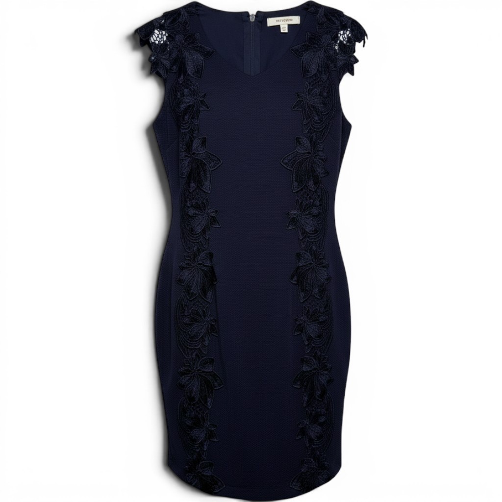 Carmen Marc Valvo Navy Blue Lace Applique Pique Sheath Dress Cap Sleeve Size 8