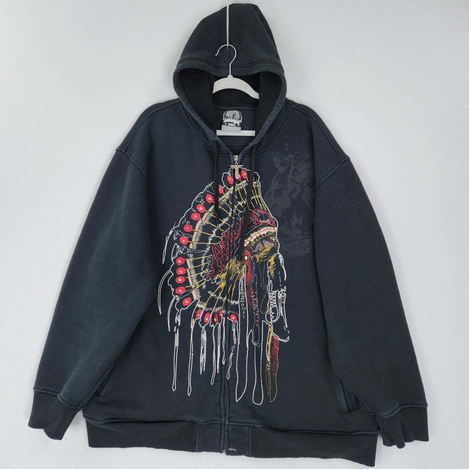Avirex Jacket Mens 3XL Black Vintage Native American Embroidered Full Zip Hoodie