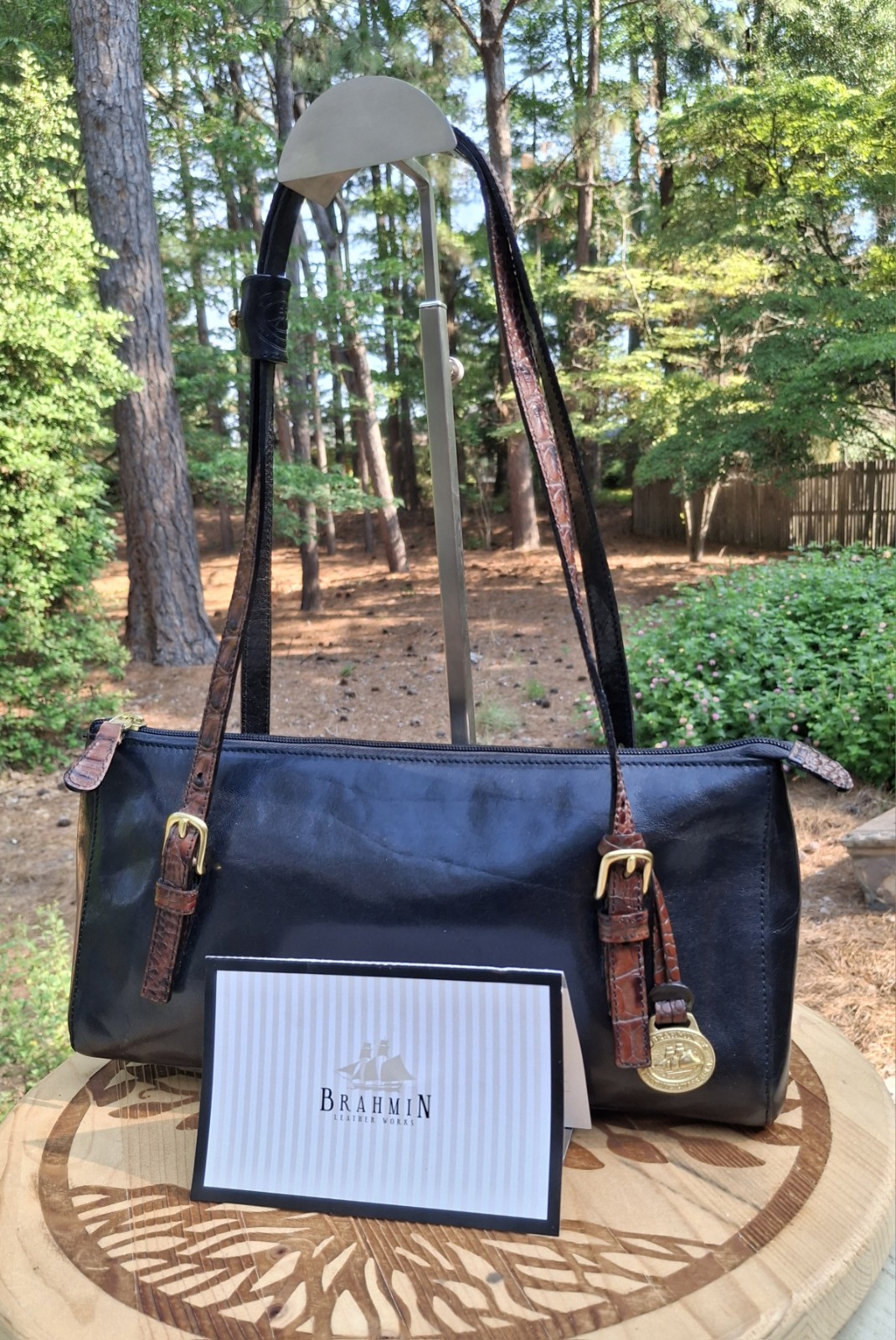 Vintage Brahmin Black Leather Brown Croc Embossed Tuscan Collection Melanie Tote