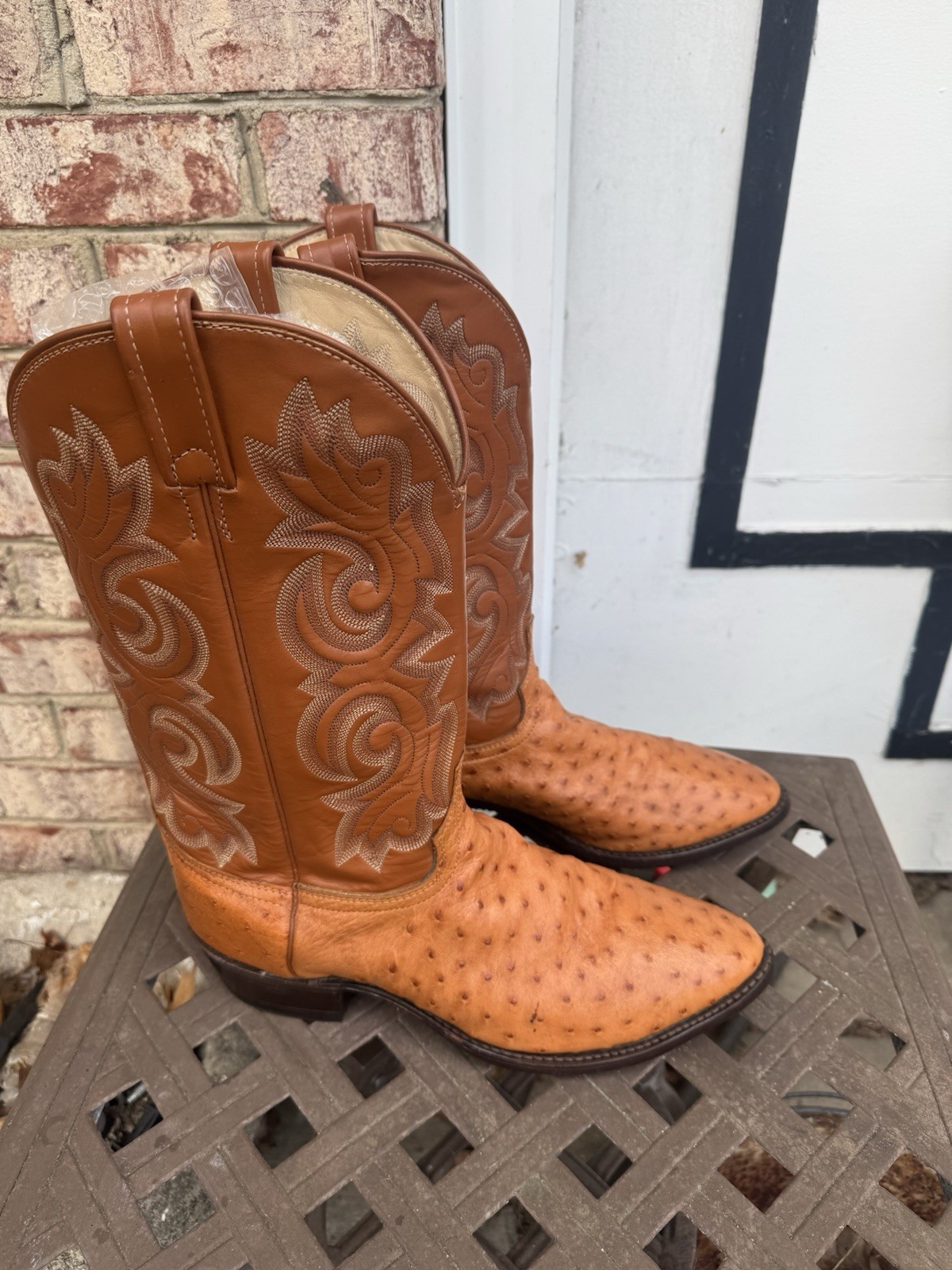 J. Chisholm Cowboy Boots Mens 12D Brown Good Full Quill Ostrich Leather USA Made