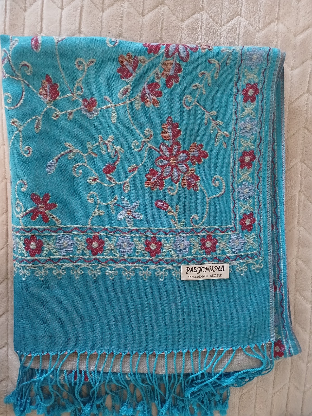 Pashmina Scarf Wrap Shawl Blue Gold Metallic Floral Print 27×64 Inches Fringe