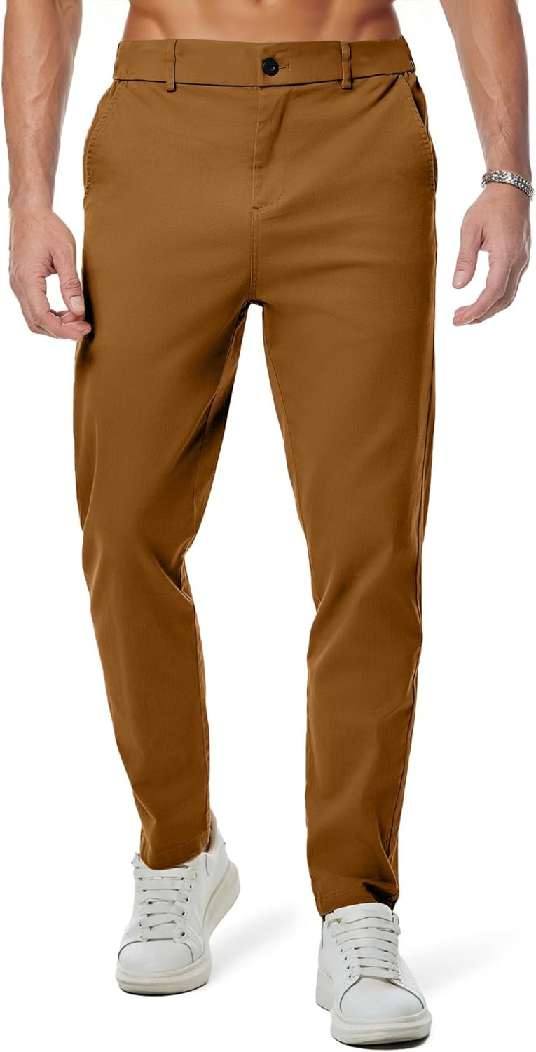 Men’s Stretch Chino Pants Tapered Fit Casual Style with Pockets Breathable Twill
