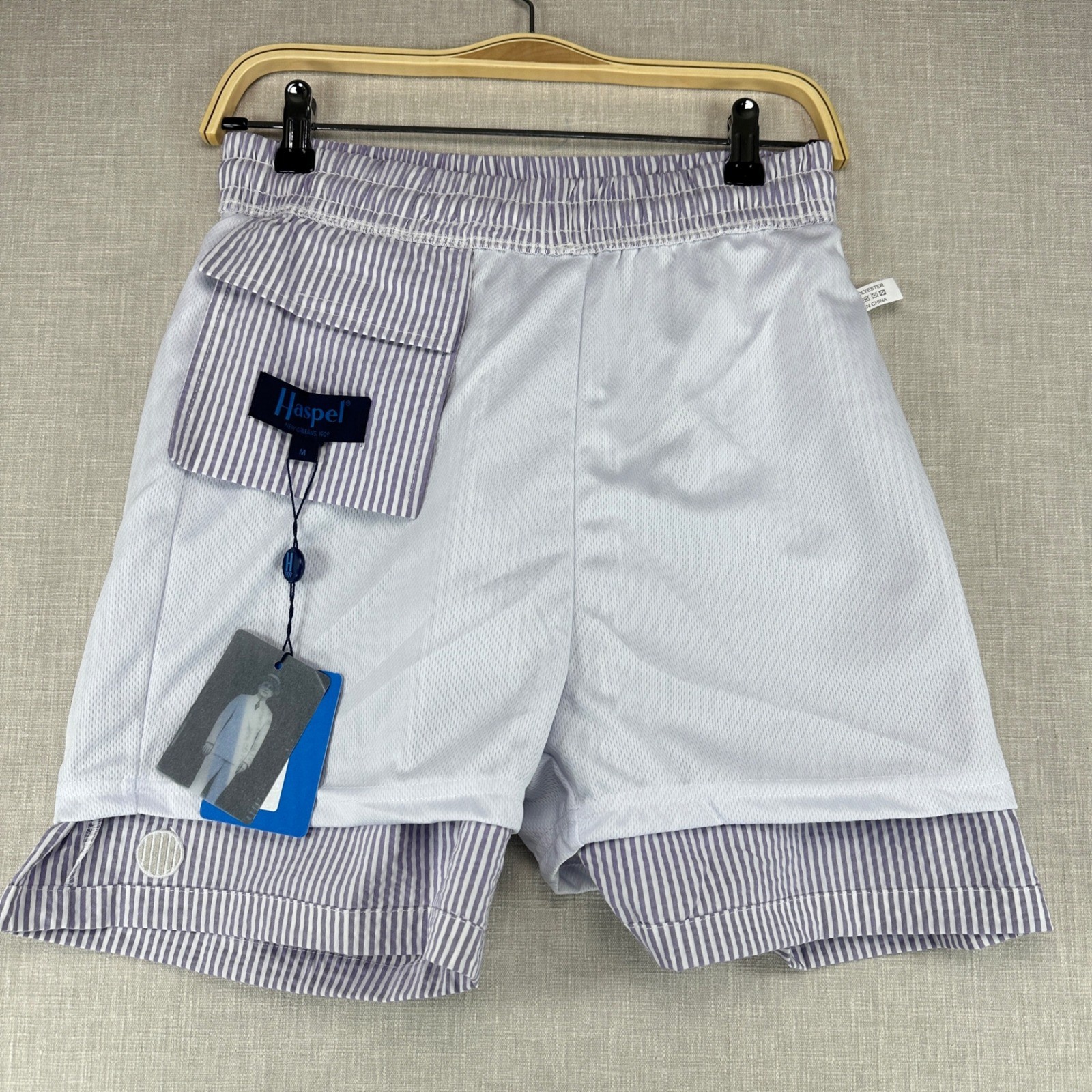 Haspel Swim Trunks Mens Medium Purple Seersucker Striped Beach Shorts NWT
