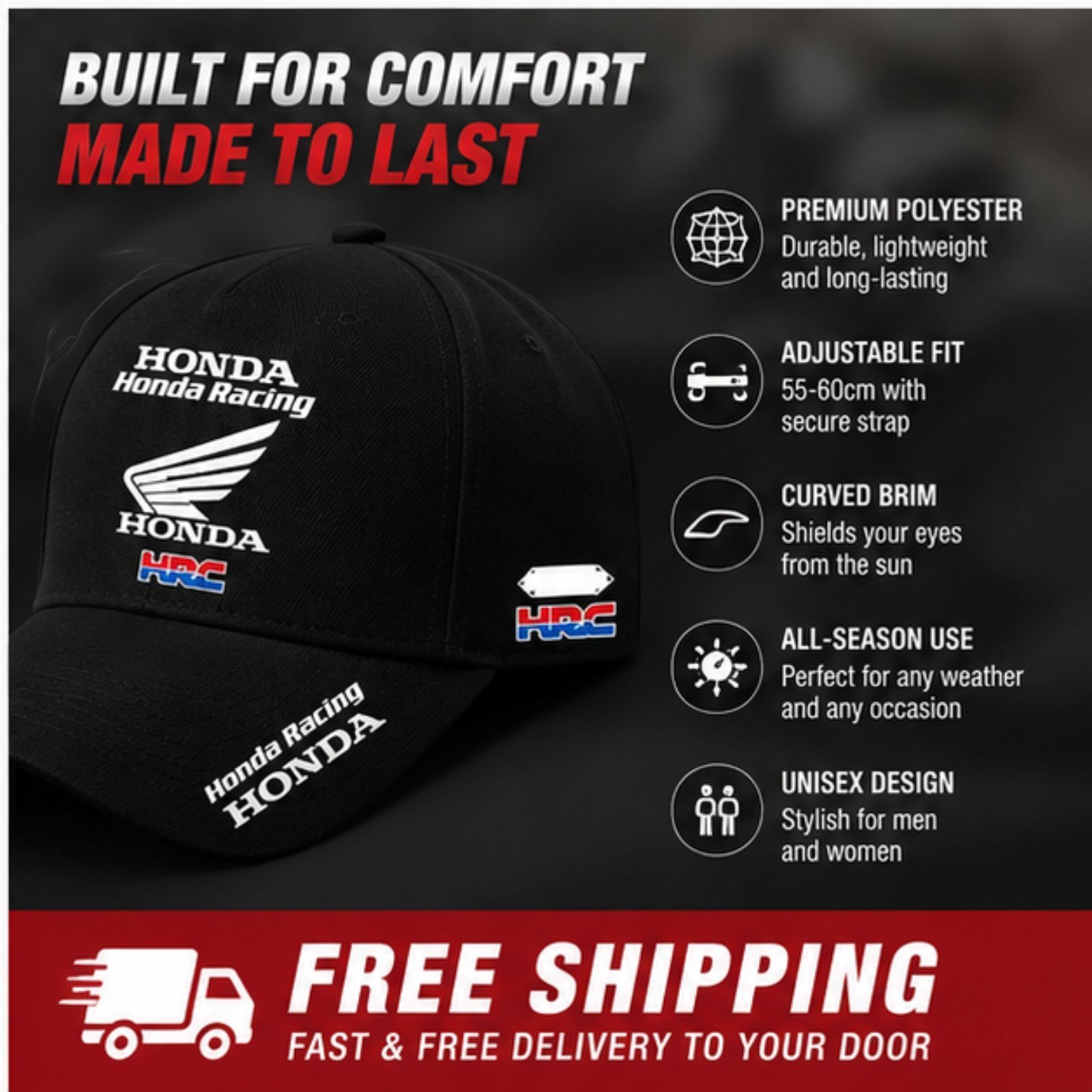 Honda Racing HRC Adjustable Baseball Cap Motorcycle Sports Hat Unisex Black