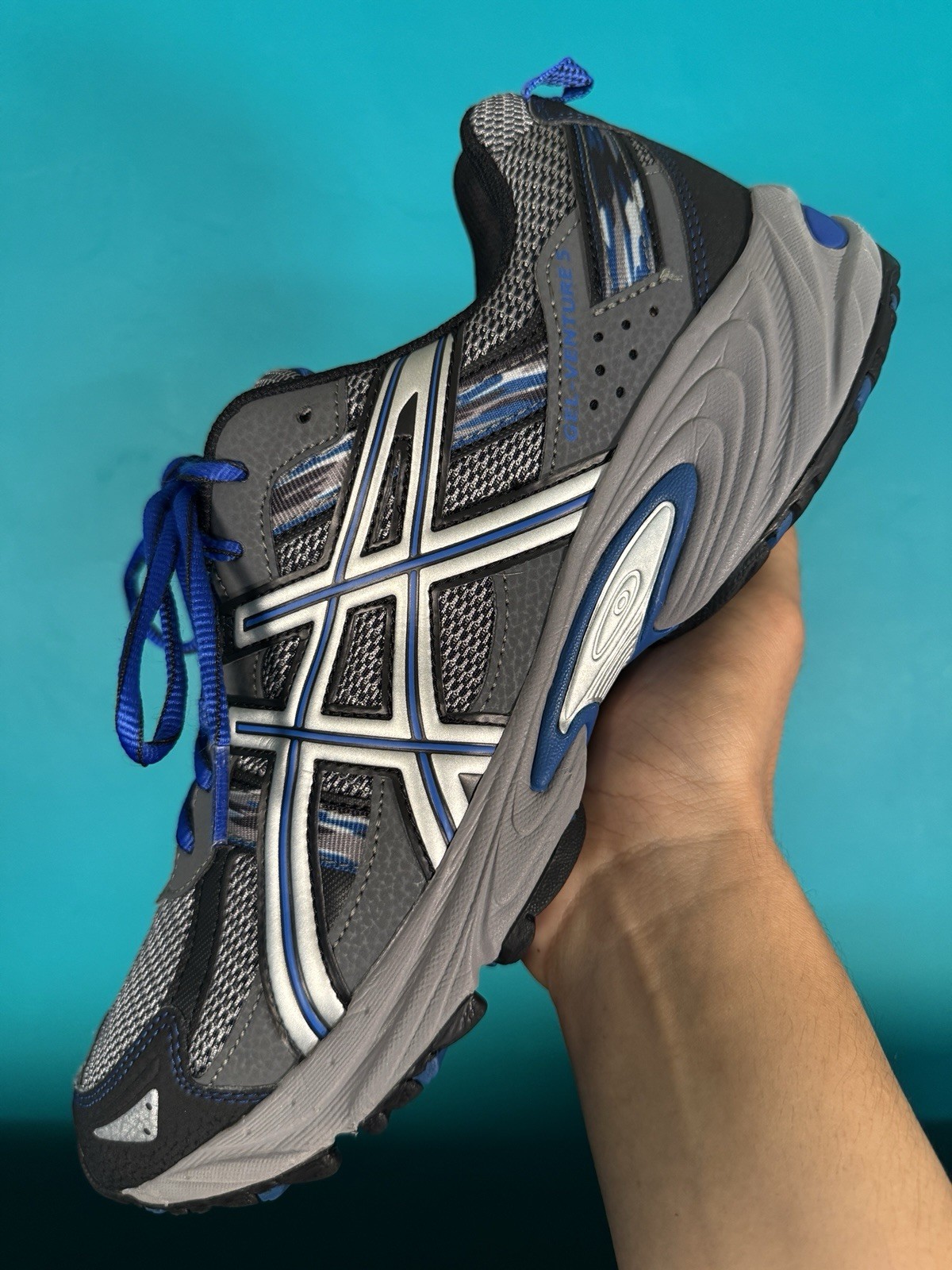 ASICS Gel Venture 5 Men’s Size 12 Gray Blue Trail Running Hiking Shoes Sneakers