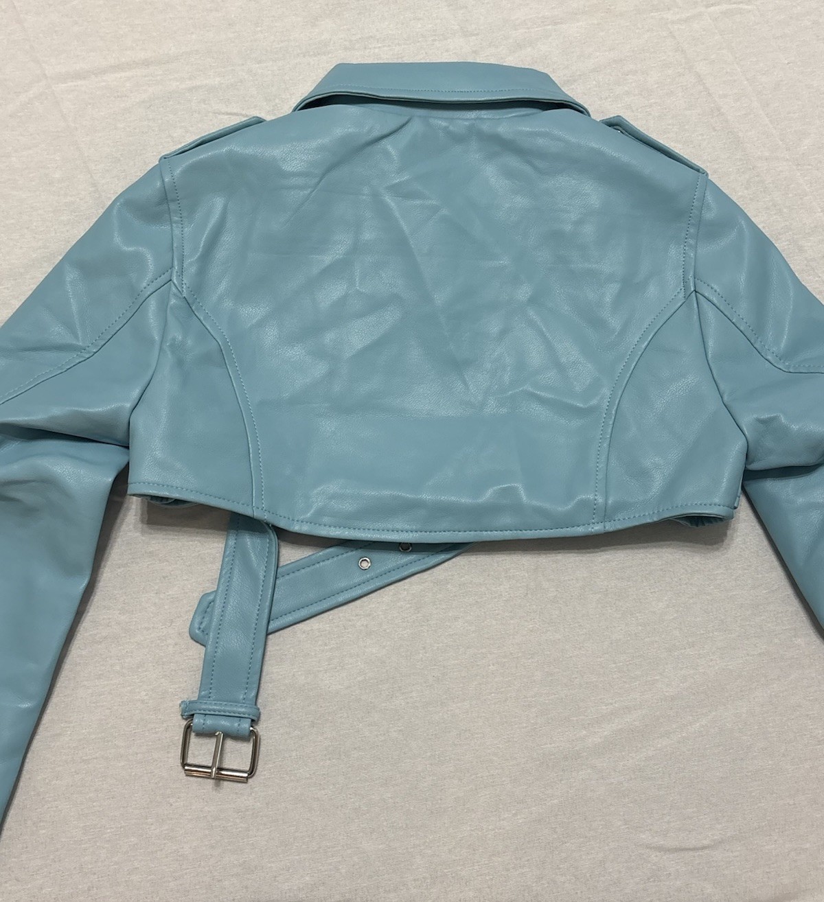 Daisy Blue Cropped Biker Jacket Belted Zipper Epaulette Women’s Size S F18