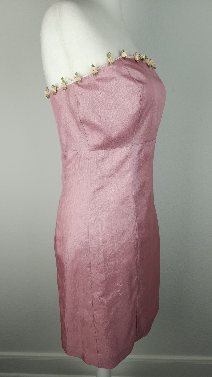 Vintage 90s Pink Silk Satin Rosebud Dress Strapless Ivory Ribbons Homemade ~M