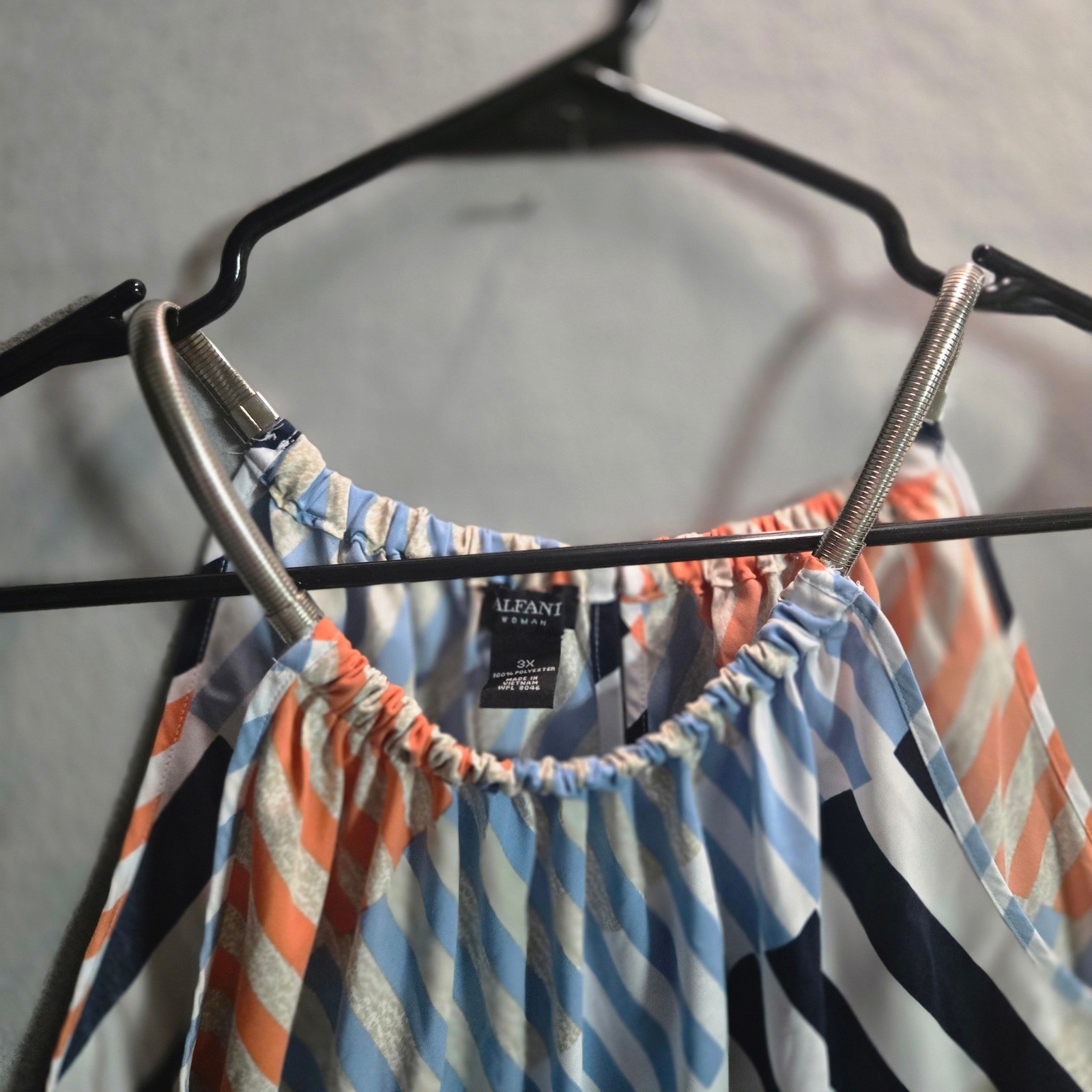 Alfani Woman 3X Halter Top Geometric Striped Handkerchief Hem Blouse Orange Blue