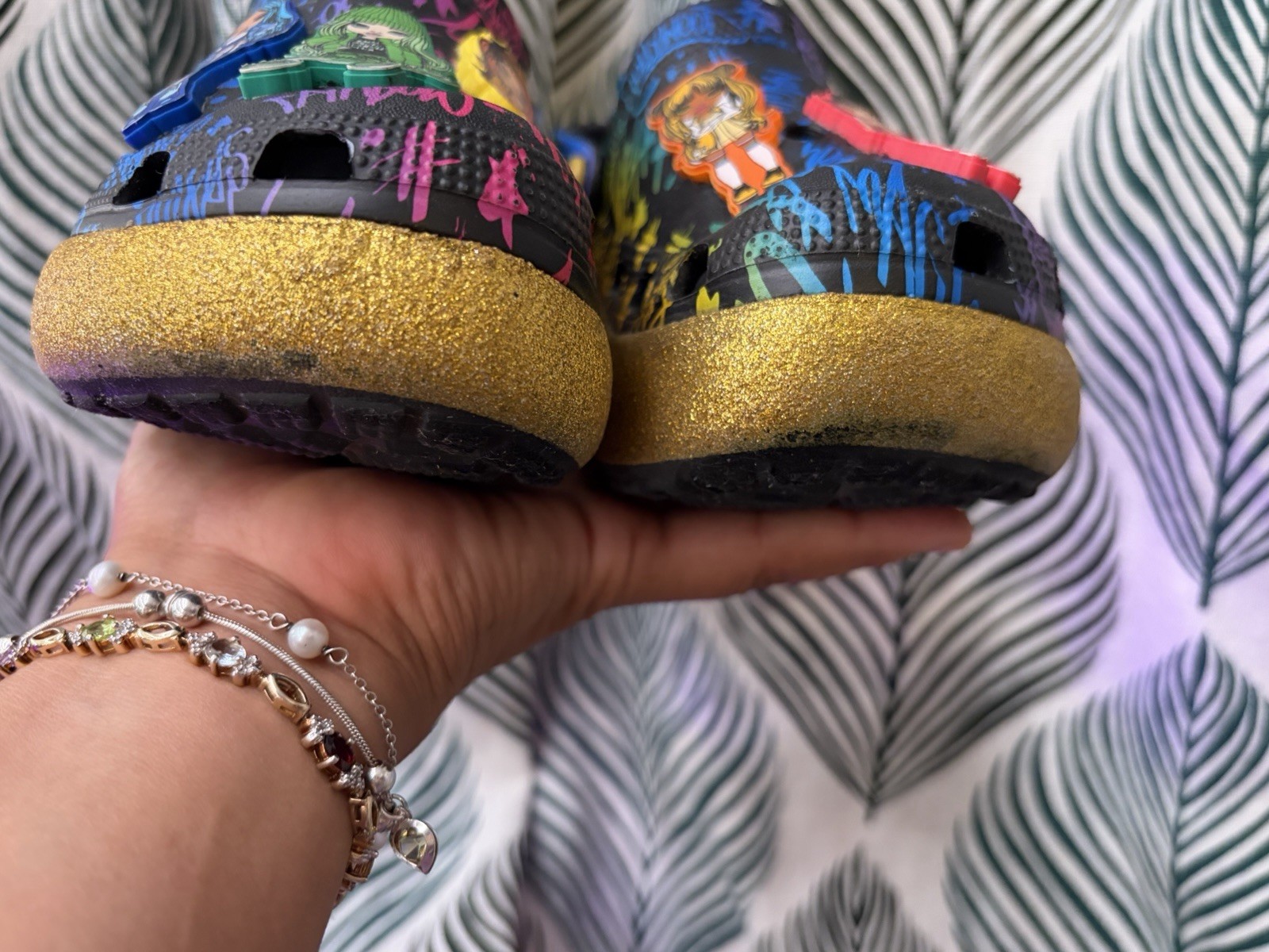 Crocs Rainbow High Classic Clog Kids J1 Black Multicolor Gold Glitter Slip On