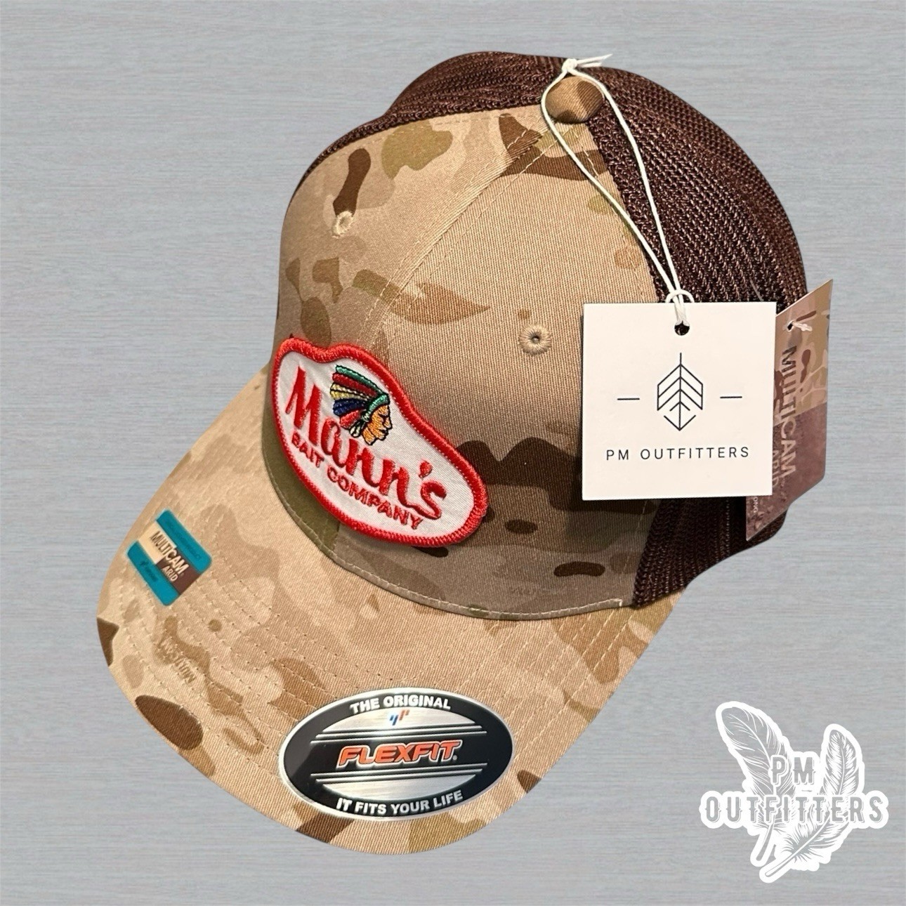 Mann’s Bait Co Trucker Hat, Retro Fishing Patch on Yupoong Flexfit Multicam