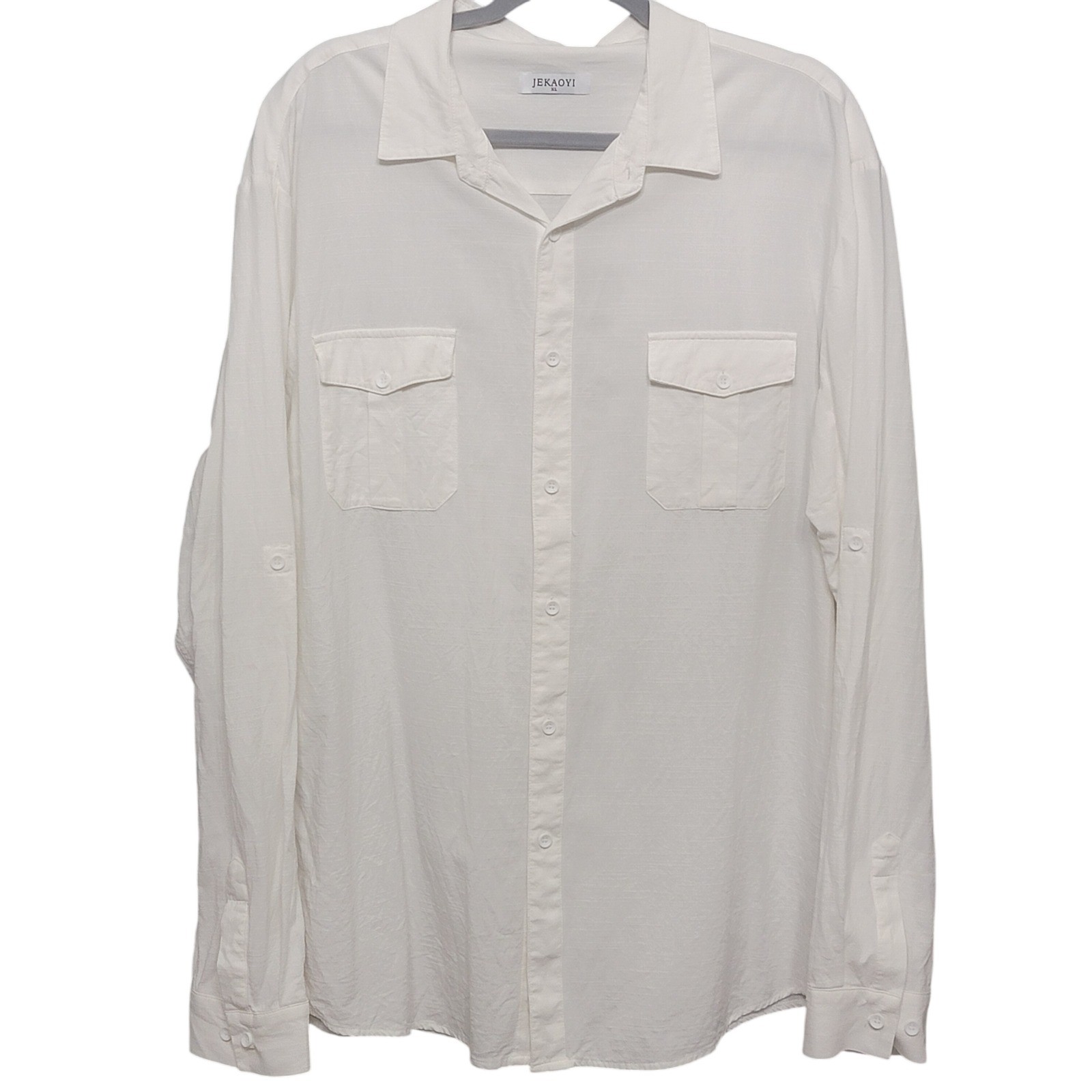 JEKAOYI Button Up Shirt Mens XL White Long Sleeve Cotton Rayon Roll Tab Beach