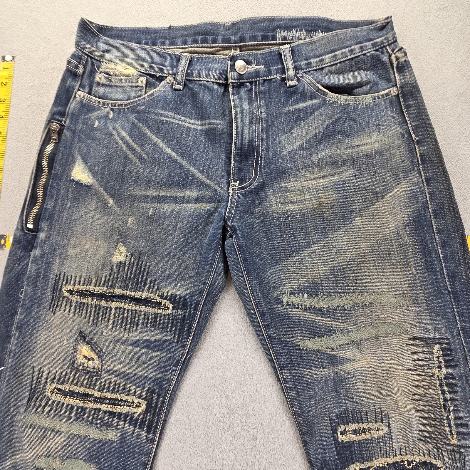 Selvedge Jeans Mens Blue Thrashed Patchwork Whiskers Honeycomb Fits 33×31