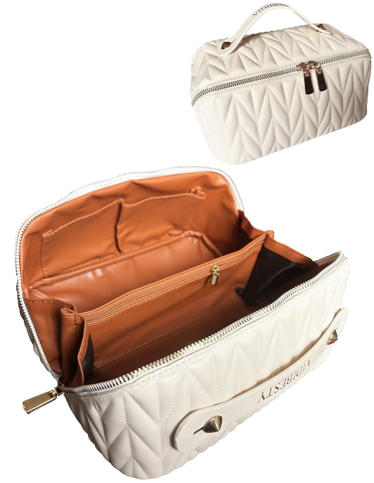 VIDIBESTY Travel Makeup Bag for Women, Large 9.8 x 4.7 x inches, Beige
