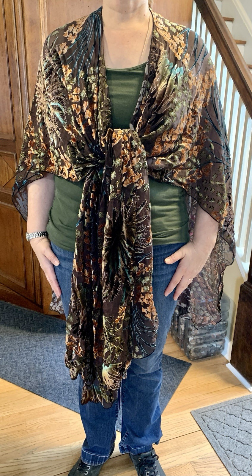 Burnout Velvet Wrap Shawl Scarf Unique Sea Anemone Design Brown 42 X 68 Long